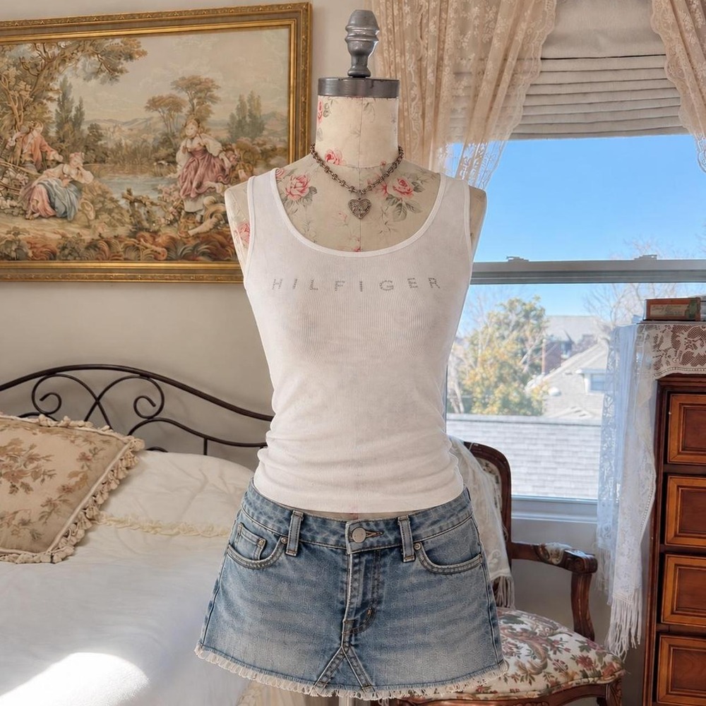 y2k white tank top bedazzled gemstone hilfiger tank top